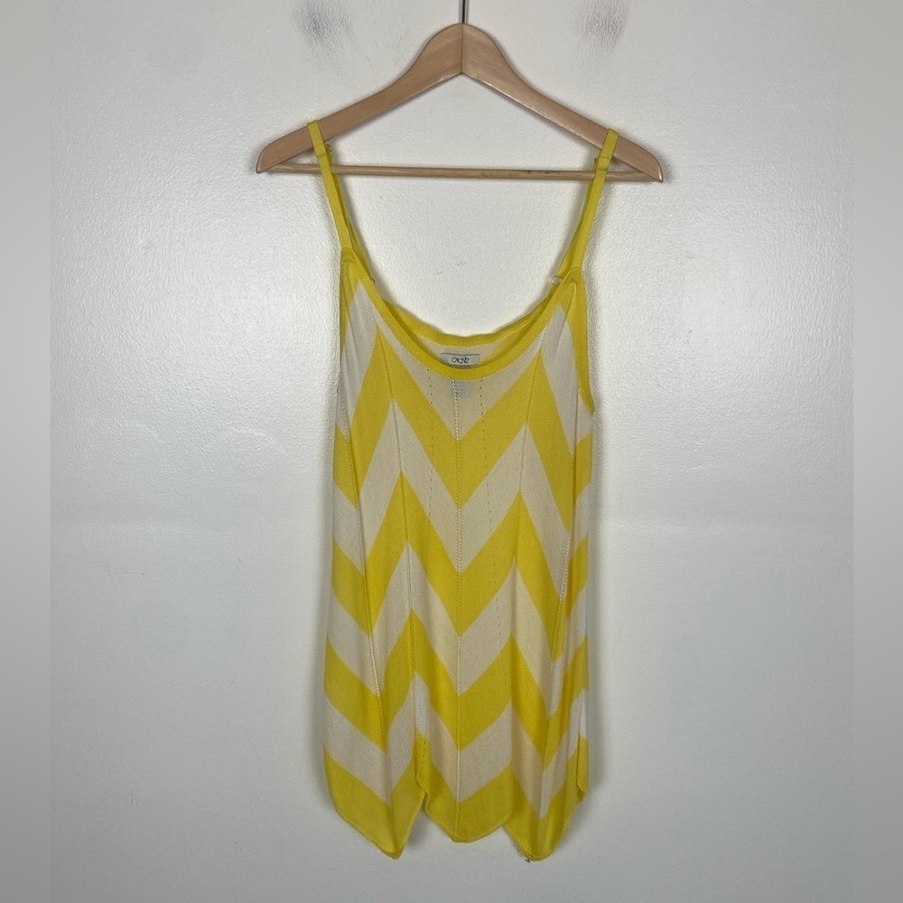 Cache Y2K Crochet Knit Top Size XL Stripes Neon‎ Yellow & White Scalloped Hem